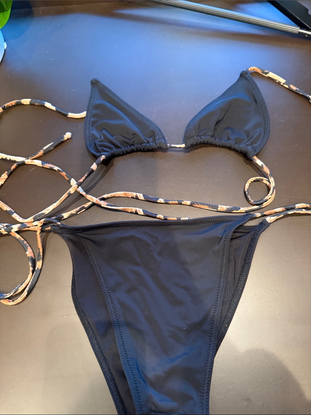 Black Triangle Bikini Set with Patterned Tie Straps